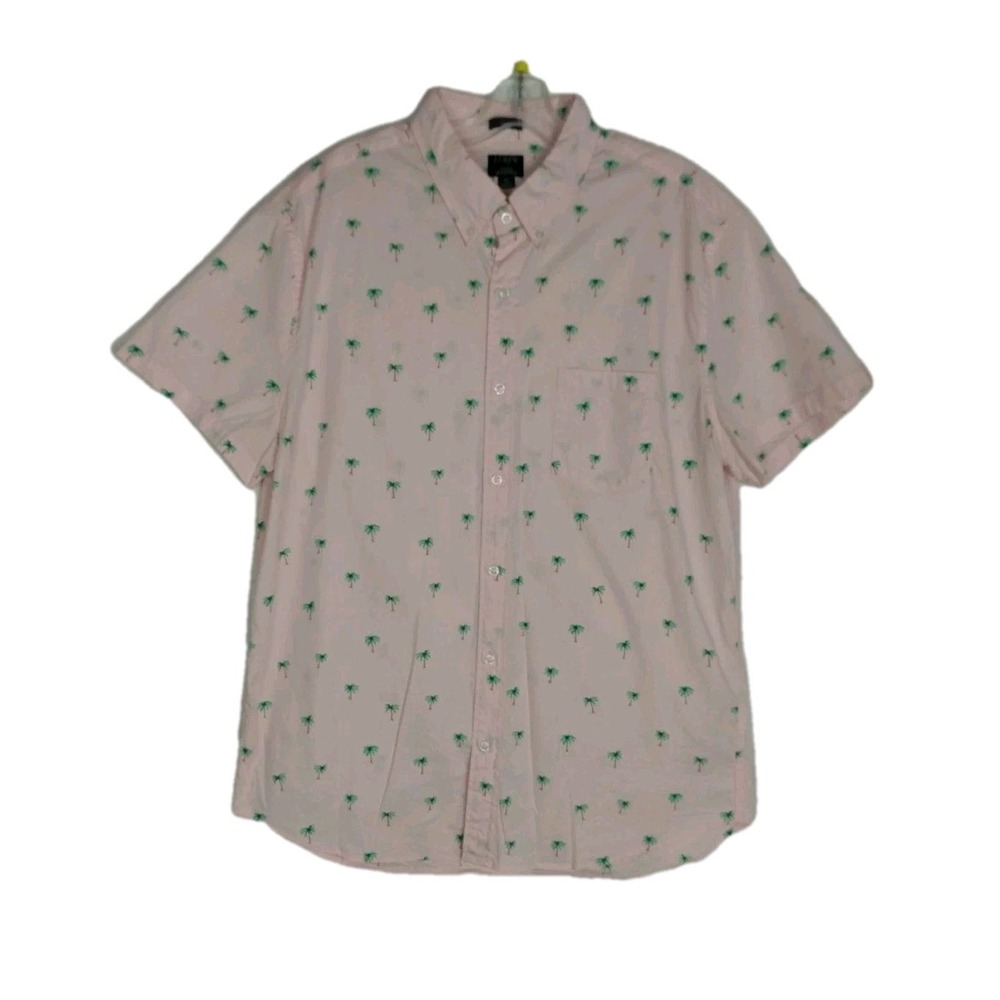 Mens Pink J Crew XL Flex Washed Short Sleeve Button Up Shirt Palm Tree Print